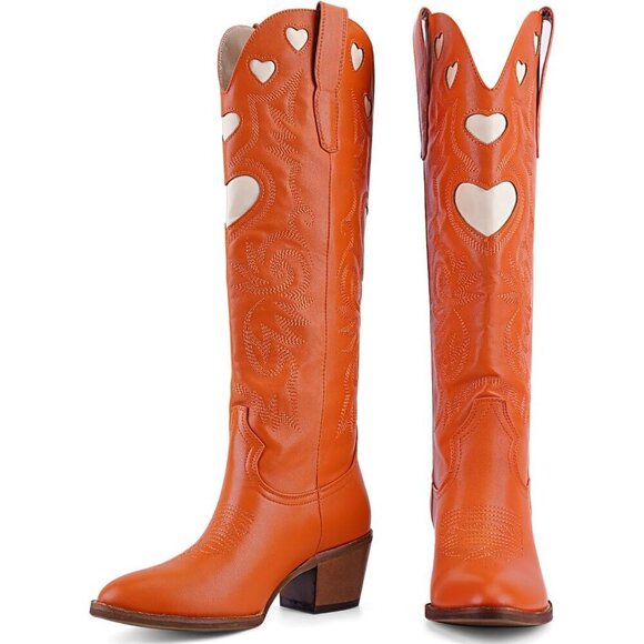 Shoes - Women's Orange Wide Calf Round Toe Chunky Stacked Heel Knee High Cowgirl Boot
